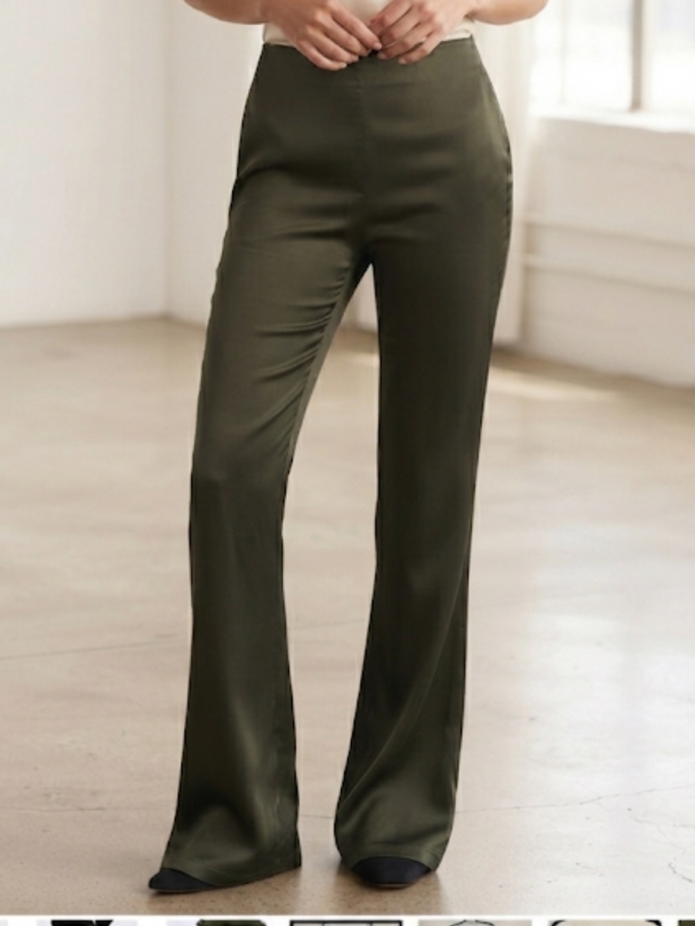 ZARA Olive Green Satin Flare Pants Pull On Large